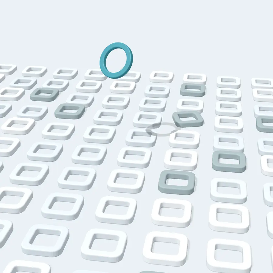 A field of rounded squares with one ring hovering above it